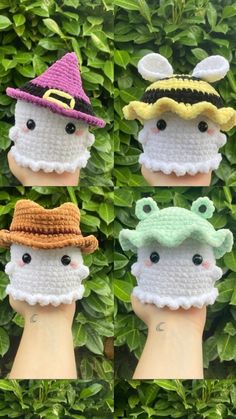 four crocheted hats with small faces and ears on top of each other in front of green leaves