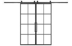 an open glass door with metal bars on the sides and black frame, isolated against a white background