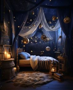 a bedroom with stars and lights hanging from the ceiling, on top of a bed