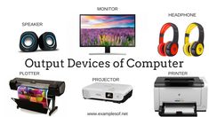 there are many different types of computers and electronics on this page with the words output devices of computer written below