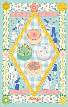 a blue and white checkered table cloth with different foods on it