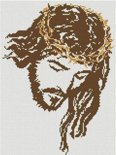 the face of jesus is depicted in this cross stitch pattern, with gold thread on it