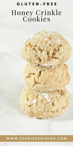 three gluten - free honey crinkle cookies stacked on top of each other