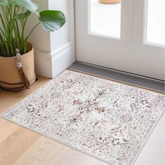 a white rug sitting on top of a wooden floor next to a potted plant