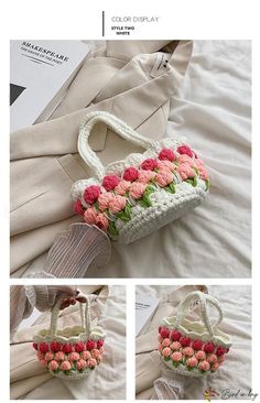 the purse is decorated with pink flowers and green leaves on it's side, along with two pictures of how to crochet