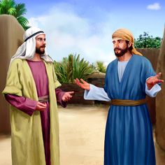 two men dressed in biblical clothing standing next to each other on a desert area with palm trees