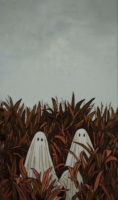 two white ghost like figures peeking out from the tall grass in front of an overcast sky