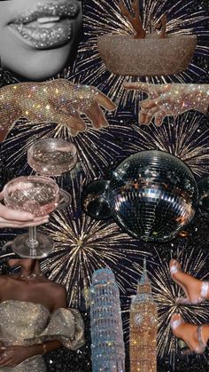 a collage of photos with balloons and fireworks in the background, including champagne glasses