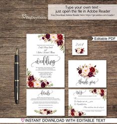 wedding stationery with burgundy flowers and greenery