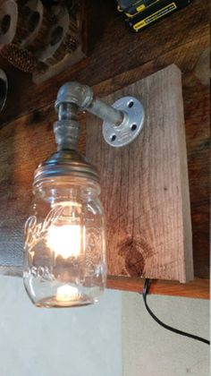 a light that is on top of a wooden shelf