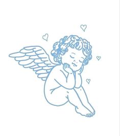 an angel sitting on the ground with hearts around it