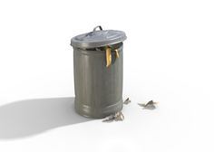 a trash can with the lid open and some birds around it