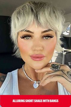 Glam Short Shag with Bottleneck Fringe for ladies with have thick hair Tomboy Short Fluffy Haircuts, Short Fluffy Haircuts, Fluffy Haircuts, Pixie Haircut Styles, Oval Face Haircuts