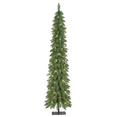 a tall christmas tree with lights on it's sides and a black stand in the middle