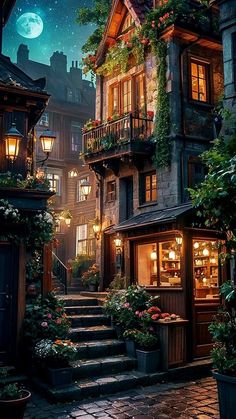 an image of a city street at night with lights and flowers on the steps leading up to buildings