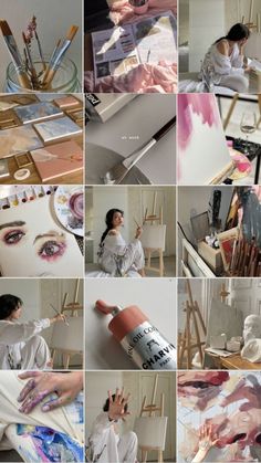 a collage of photos with various people doing different things on them, including paint and brushes