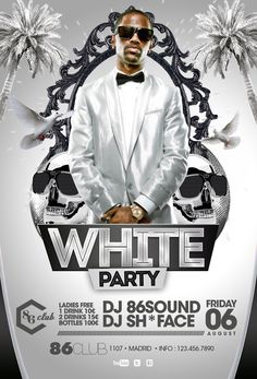 a white party flyer with a man in a tuxedo and sunglasses on it