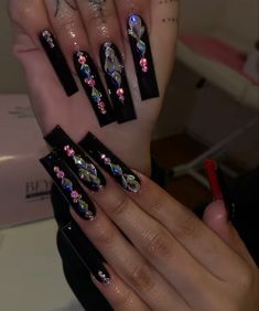 Black Ppl Nails Acrylic, Black Acrylic Nails With Rhinestones Bling, Black Acrylic Nails Coffin With Gems, Black Acrylic With Rhinestones, Black Nails Acrylic Rhinestones, All Black Acrylic Nails With Rhinestones, Xl Rhinestone Nails, Black Nails Acrylic Diamonds, Simple Black Acrylic Nail Designs