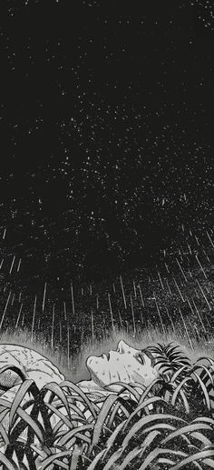 a black and white image of the night sky with rain coming from it, as well as grass