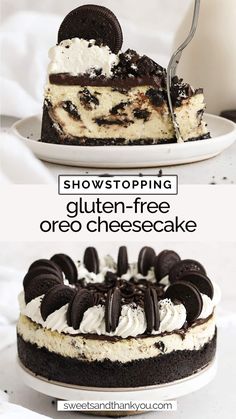 an oreo cheesecake with chocolate cookies on top and the words showstopping gluten - free oreo cheesecake