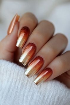 Chrome Nail Ideas Fall, October Chrome Nails, Fall Nail Tip Ideas, Orange And Green Fall Nails, Chrome Matte Nails, Chrome Fall Nails 2024, Orange Chrome Nails Designs, Fall Ombré Nails, Autumn Chrome Nails