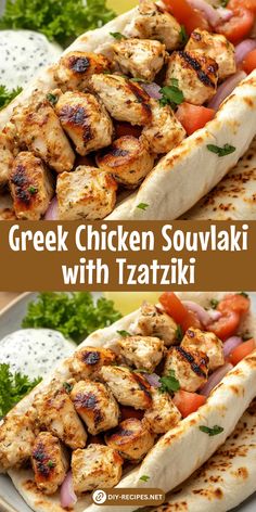 greek chicken souvlaki with tzatziki on a white plate