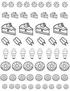 a set of different types of cakes and pies in black and white, on a white background