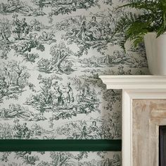 a fireplace with a potted plant on top of it next to a wall paper