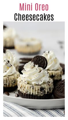 mini oreo cheesecakes on a white plate with cookies and cream frosting