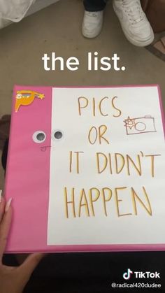 a person holding up a sign that says pics or it didn't happen