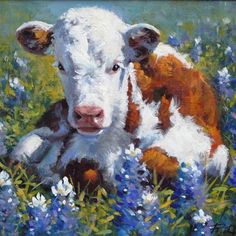 a painting of a cow laying in a field of blue and white wildflowers