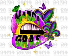 mardi gras lips with butterflies and flowers