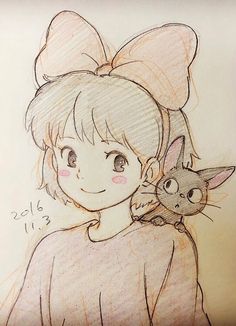 a drawing of a girl with a cat on her shoulder