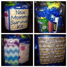 four pictures of different items in a plastic container with the words new mommy survival kit written on it