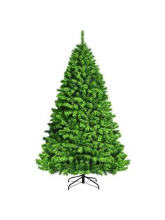 a green christmas tree on a stand with no leaves or branches in front of a white background