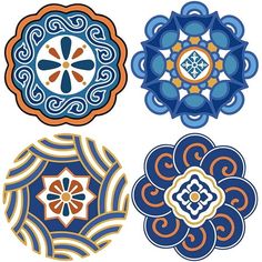 four circular designs in blue, orange and yellow