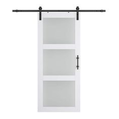 a white sliding door with black hardware on the bottom and glass shelves below it, in front of a white background