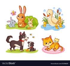 four different animals and their babies in the grass with flowers, ducks, and water lilies