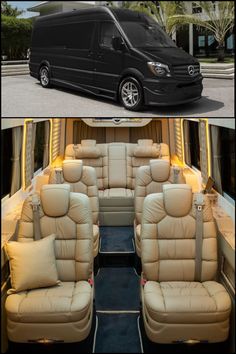 the inside and outside view of a black van with tan leather seats in front of it