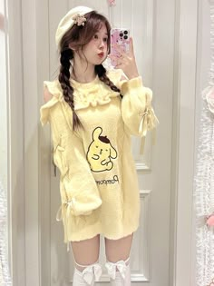 Size S L Bust 104 108 Full Length 76 78 Sleeve Length 51 53 Cute Fits For School, Sanrio Clothes, Pom Pom Purin, Kawaii Outfits, Kawaii Sweater, Open Shoulder Sweater, Kawaii Fashion Outfits, Kawaii Clothes, Big Boy