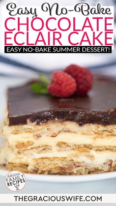 the easy no - bake chocolate eclair cake is ready to be eaten