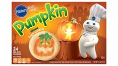 a package of pumpkin cookies with a chef's hat next to it and an image of a jack - o - lantern