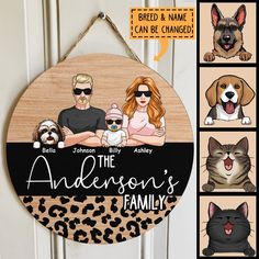 a family photo hanging on a door with the names of their dogs, cats and kittens