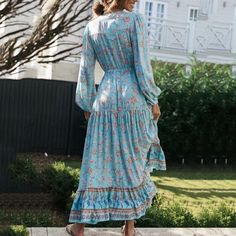 Bohemian Dress V-Neck Waist-Tied Maxi Length Three Quarter Sleeves Lightweight Material, Perfect Vacation Dress Acrylic / Cotton Measurements: S Shoulder 40cm, Bust 96cm, Waist 90am, Sleeve 57cm, Length 123cm M Shoulder 41cm, Bust 100cm, Waist 94m, Sleeve 58cm, Length 124cm L Shoulder 42cm, Bust 104cm, Waist 100am, Sleeve 59cm, Length 125cm Bohemian V-neck Maxi Dress For Brunch, Spring Peasant V-neck Dress, Blue V-neck Boho Dress For Spring, Hippie Blue V-neck Dress, Peasant Style V-neck Beach Dress, Peasant V-neck Beach Dress, Flowy V-neck Peasant Boho Dress, Blue Boho Print V-neck Dress, Peasant Style V-neck Festival Dress