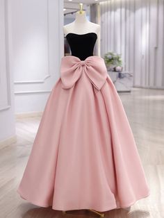 Pink A-line Dress With Sweep Train, Pink A-line Dress With Bow, Bow Detail Maxi Length Dress, Floor-length Prom Dress With Bow, Pink Long Skirt Dress For Party, Pink Long Dress With Sweep Train, Pink A-line Maxi Dress For Banquets, Pink Long Skirt Prom Dress, Pink Satin Full Length Dress