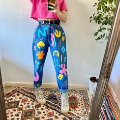 #vintage #vintagedenim #reworkeddenim #abstract #90sfashion #vintagefashion #aesthetic #arthoe #abstractart #artist #wearableart #fblogger #depop #depopseller #festivalclothes #kawaii #kawaiigirl Kawaii, Hand Painted Jeans, Painted Jeans, Jumpsuit, Hand Painted