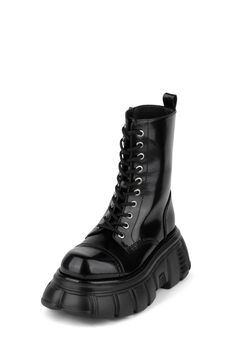 Chunky platform combat boot. Fits true to size Measurements taken from a size 7 3.5" heel, 2.25" platform Leather Upper, Leather Lining, Synthetic Sole. Zipper closure Black And White Fits, Black Chunky Boots, Combat Boot Outfit, Jeffrey Campbell Boots, White Fits, Platform Combat Boots, Heels Aesthetic, Colors Black And White, Shoes Drawing