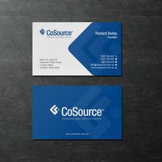 two business cards sitting on top of a black table with blue and white logos in the middle