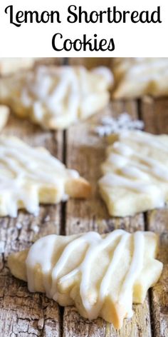 lemon shortbread cookies with white icing on a wooden surface and text overlay that reads, lemon shortbread cookies