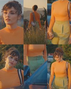 the woman is wearing an orange top and green pants with her hair in a bun